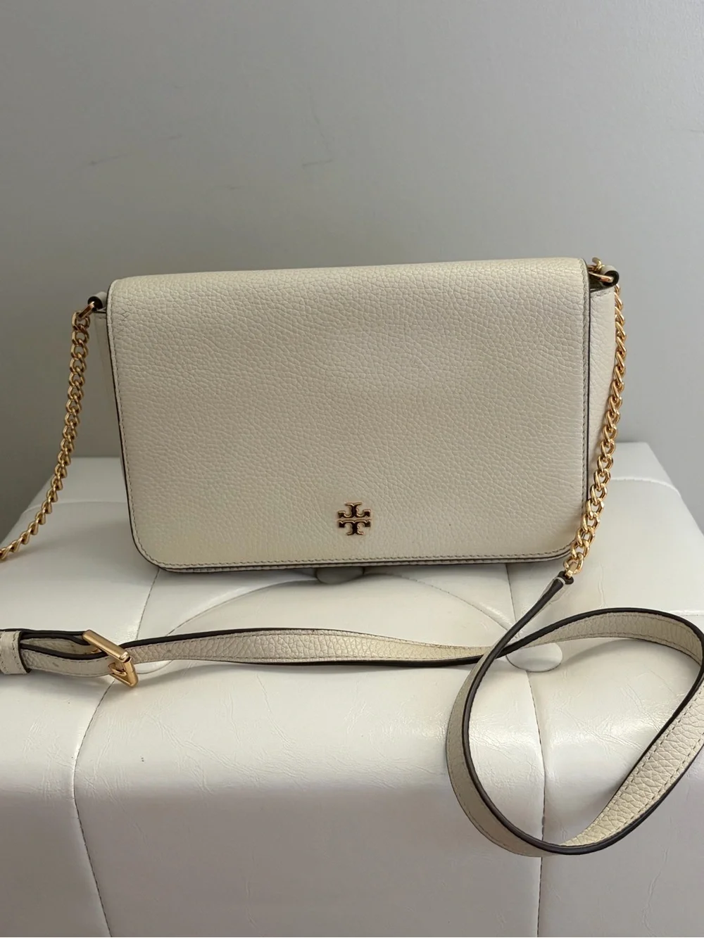 Tory Burch Cream Pebbled Leather Crossbody with Gold-Tone Chain